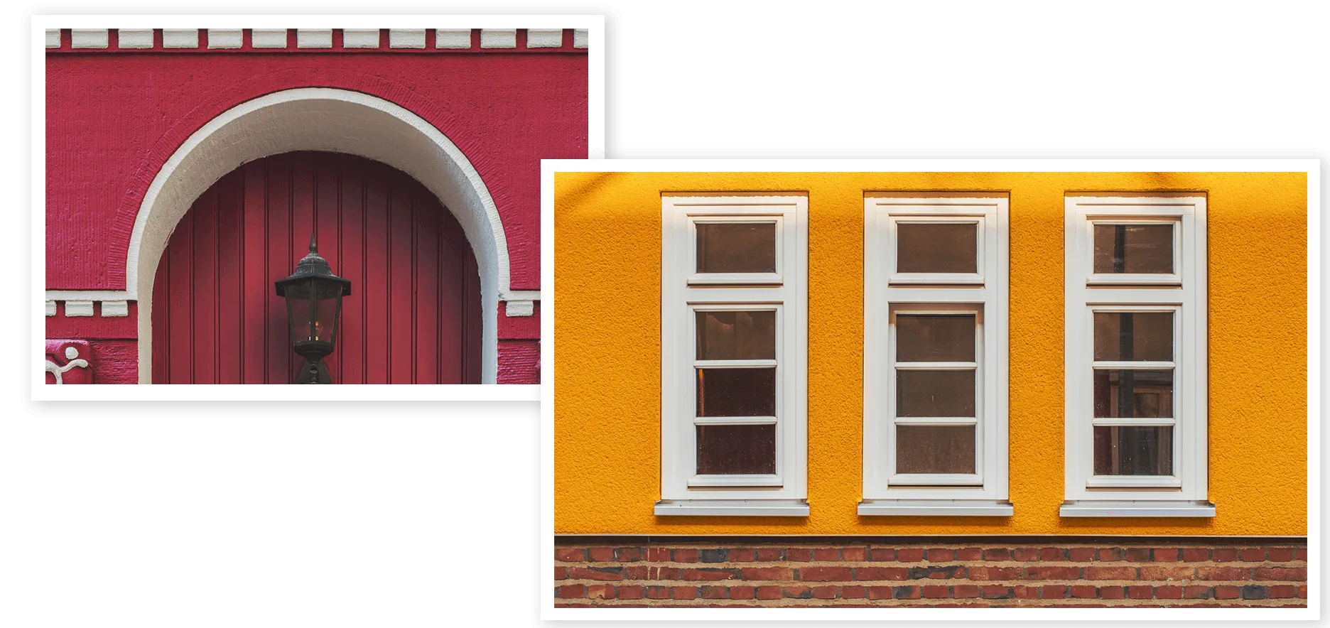 Rote Tür mit weißem Bogen und gelbe Fassade mit weißen Sprossenfenstern