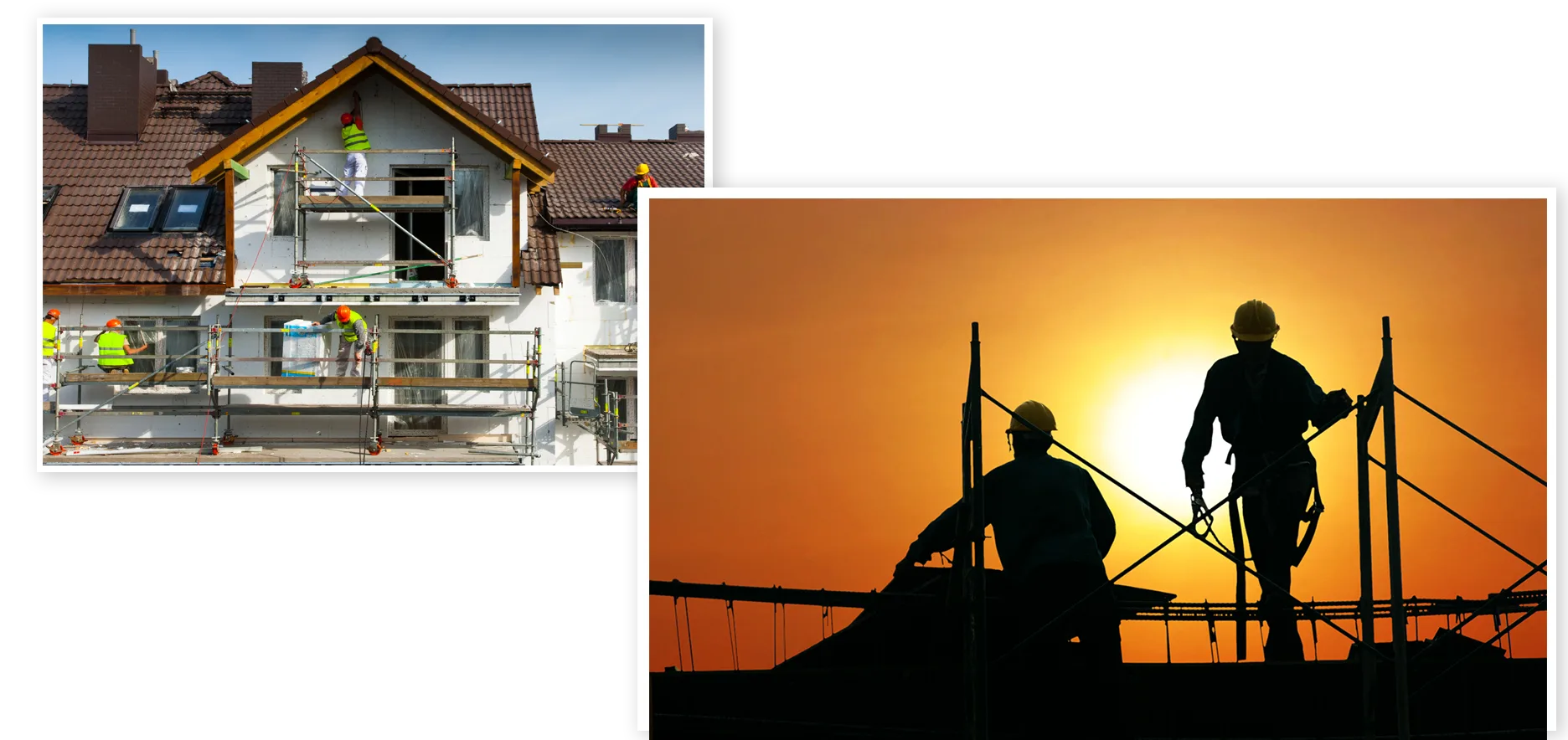 Eingerüstetes Wohnhaus und Arbeiter auf dem Gerüst im Gegenlicht