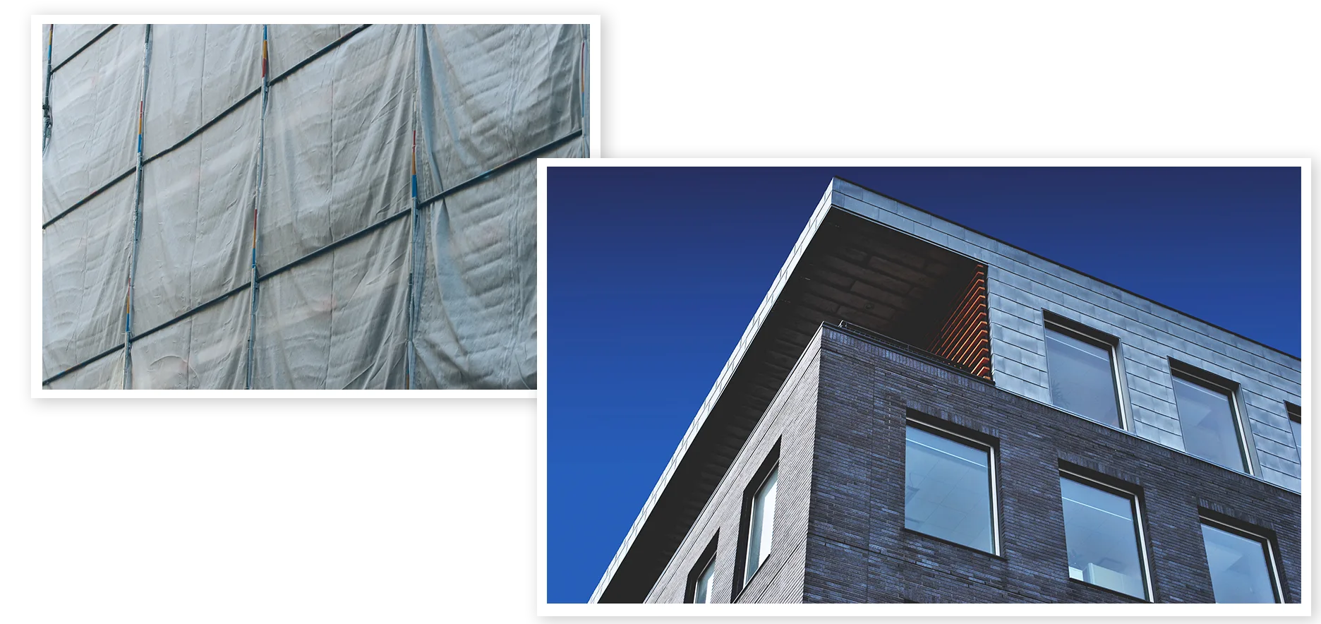 Eingerüstete Fassade und moderner Klinkerbau vor blauem Himmel